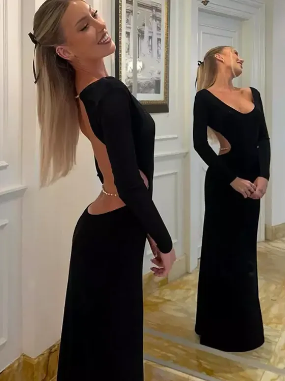 Open Back Maxi Party Dress Long Sleeve Crew Neck Long Dress For Women 2026