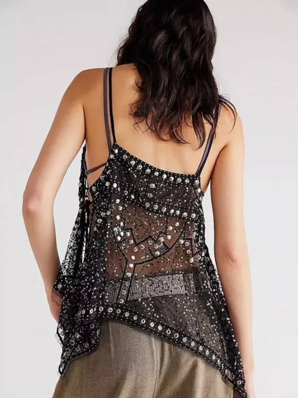 Orange Cami Top Straps Neck Sequins Beaded Chic Backless Camis For Women