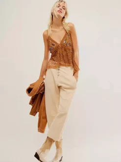 Orange Cami Top Straps Neck Sequins Beaded Chic Backless Camis For Women