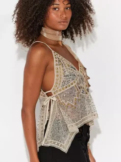 Orange Cami Top Straps Neck Sequins Beaded Chic Backless Camis For Women
