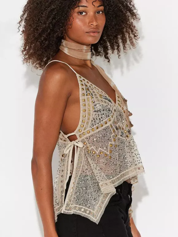 Orange Cami Top Straps Neck Sequins Beaded Chic Backless Camis For Women
