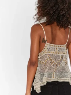 Orange Cami Top Straps Neck Sequins Beaded Chic Backless Camis For Women