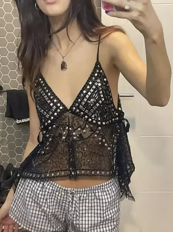 Orange Cami Top Straps Neck Sequins Beaded Chic Backless Camis For Women