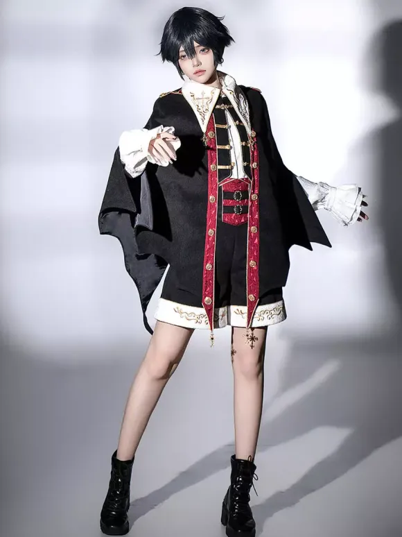 Ouji Lolita Black Long Sleeves Black And Red Prince Pants Shirt Overcoat Outfits