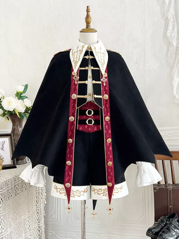 Ouji Lolita Black Long Sleeves Black And Red Prince Pants Shirt Overcoat Outfits