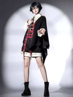 Ouji Lolita Black Long Sleeves Black And Red Prince Pants Shirt Overcoat Outfits