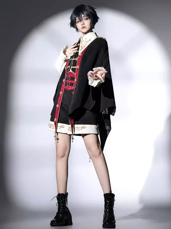 Ouji Lolita Black Long Sleeves Black And Red Prince Pants Shirt Overcoat Outfits