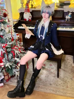 Ouji Lolita Dresses Dark Navy Long Sleeves Classic Bows Overcoat Pants Dress Sets