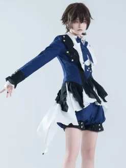 Ouji Lolita Dresses Dark Navy Long Sleeves Classic Bows Overcoat Pants Dress Sets