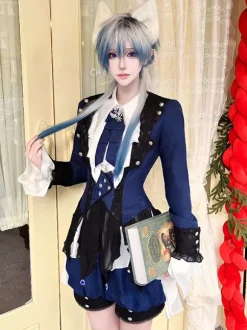 Ouji Lolita Dresses Dark Navy Long Sleeves Classic Bows Overcoat Pants Dress Sets