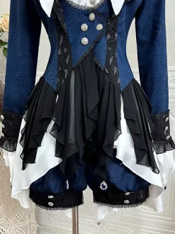 Ouji Lolita Dresses Dark Navy Long Sleeves Classic Bows Overcoat Pants Dress Sets