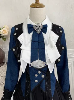 Ouji Lolita Dresses Dark Navy Long Sleeves Classic Bows Overcoat Pants Dress Sets