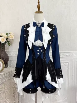 Ouji Lolita Dresses Dark Navy Long Sleeves Classic Bows Overcoat Pants Dress Sets