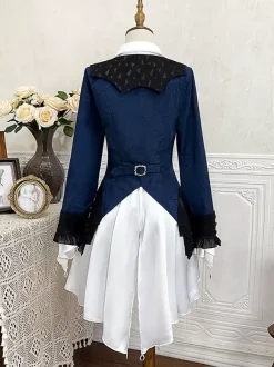 Ouji Lolita Dresses Dark Navy Long Sleeves Classic Bows Overcoat Pants Dress Sets