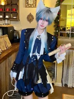 Ouji Lolita Dresses Dark Navy Long Sleeves Classic Bows Overcoat Pants Dress Sets