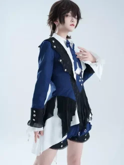 Ouji Lolita Dresses Dark Navy Long Sleeves Classic Bows Overcoat Pants Dress Sets
