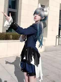 Ouji Lolita Dresses Dark Navy Long Sleeves Classic Bows Overcoat Pants Dress Sets