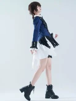 Ouji Lolita Dresses Dark Navy Long Sleeves Classic Bows Overcoat Pants Dress Sets