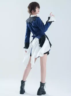 Ouji Lolita Dresses Dark Navy Long Sleeves Classic Bows Overcoat Pants Dress Sets