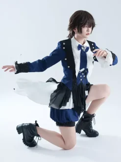 Ouji Lolita Dresses Dark Navy Long Sleeves Classic Bows Overcoat Pants Dress Sets