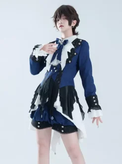 Ouji Lolita Dresses Dark Navy Long Sleeves Classic Bows Overcoat Pants Dress Sets