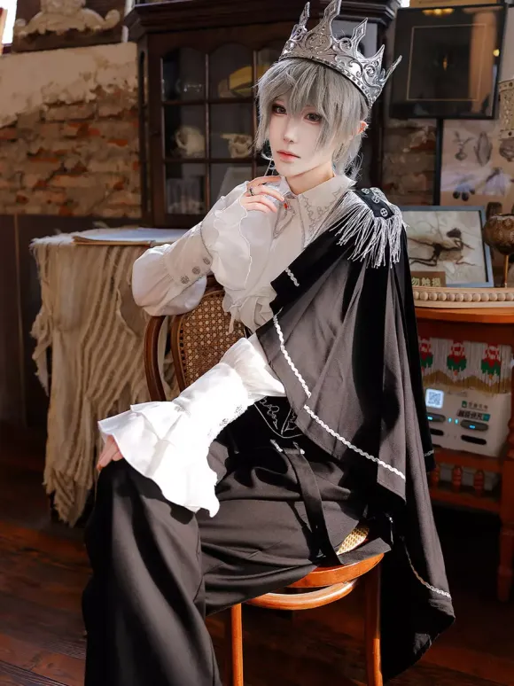 Ouji Lolita Gothic Long Sleeves Cloak White Top Black Cummerbund Pants Outfits