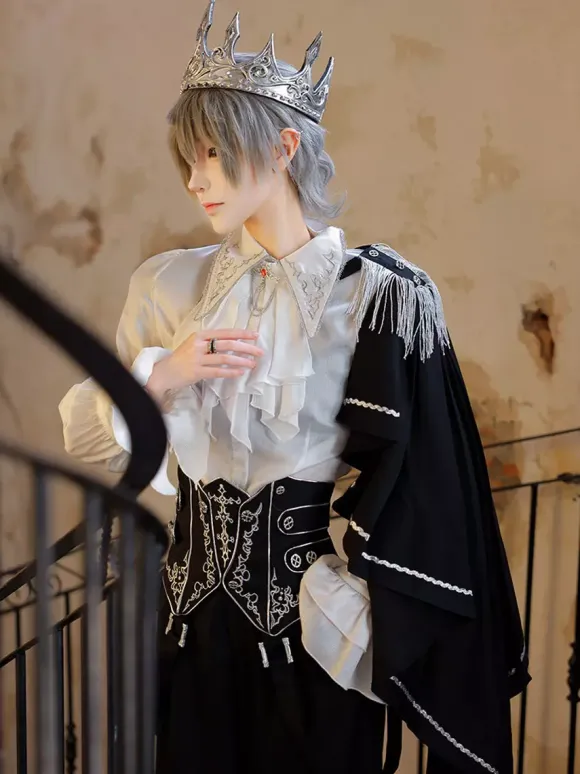 Ouji Lolita Gothic Long Sleeves Cloak White Top Black Cummerbund Pants Outfits