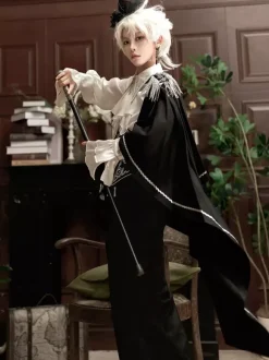 Ouji Lolita Gothic Long Sleeves Cloak White Top Black Cummerbund Pants Outfits