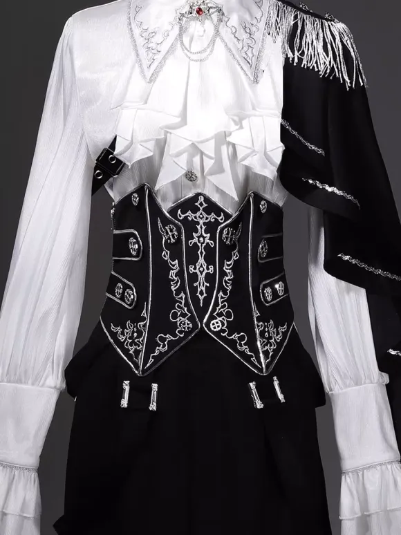 Ouji Lolita Gothic Long Sleeves Cloak White Top Black Cummerbund Pants Outfits