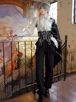 Ouji Lolita Gothic Long Sleeves Cloak White Top Black Cummerbund Pants Outfits