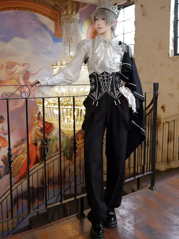 Ouji Lolita Gothic Long Sleeves Cloak White Top Black Cummerbund Pants Outfits