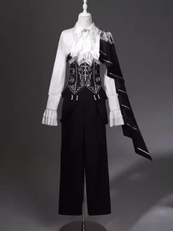 Ouji Lolita Gothic Long Sleeves Cloak White Top Black Cummerbund Pants Outfits