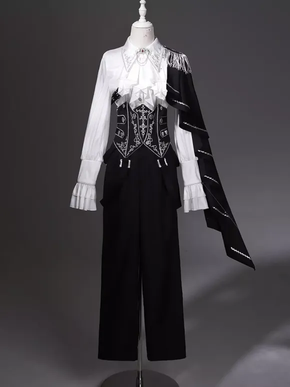 Ouji Lolita Gothic Long Sleeves Cloak White Top Black Cummerbund Pants Outfits