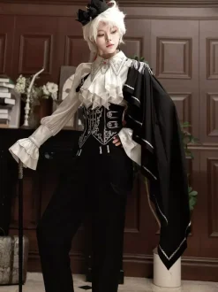 Ouji Lolita Gothic Long Sleeves Cloak White Top Black Cummerbund Pants Outfits