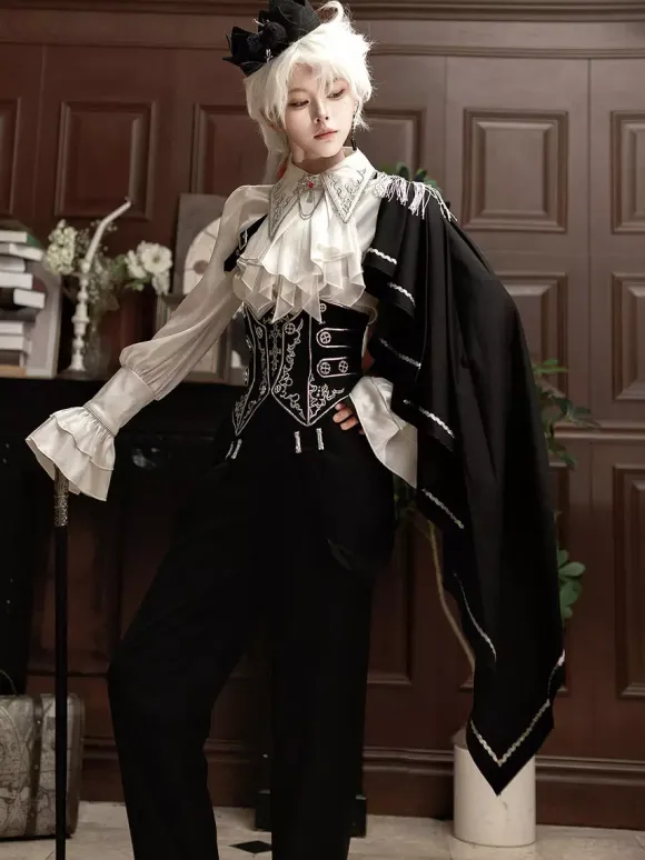 Ouji Lolita Gothic Long Sleeves Cloak White Top Black Cummerbund Pants Outfits