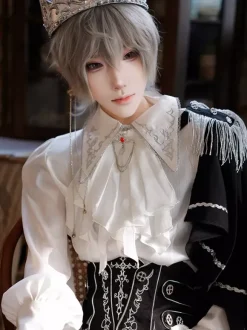 Ouji Lolita Gothic Long Sleeves Cloak White Top Black Cummerbund Pants Outfits