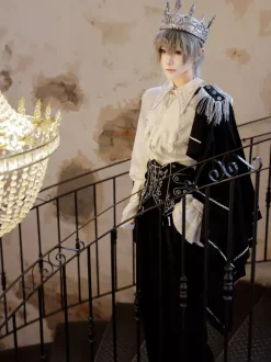 Ouji Lolita Gothic Long Sleeves Cloak White Top Black Cummerbund Pants Outfits
