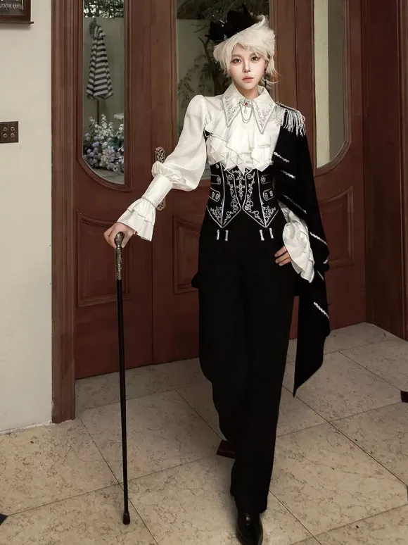 Ouji Lolita Gothic Long Sleeves Cloak White Top Black Cummerbund Pants Outfits