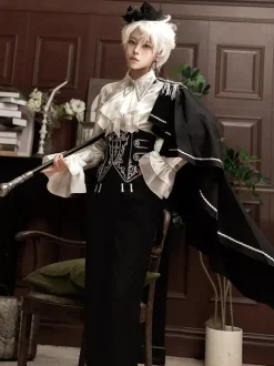 Ouji Lolita Gothic Long Sleeves Cloak White Top Black Cummerbund Pants Outfits