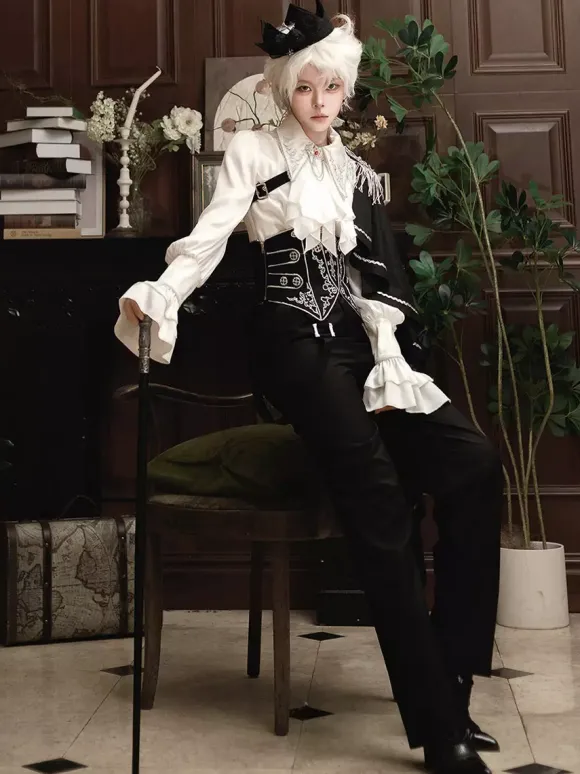 Ouji Lolita Gothic Long Sleeves Cloak White Top Black Cummerbund Pants Outfits
