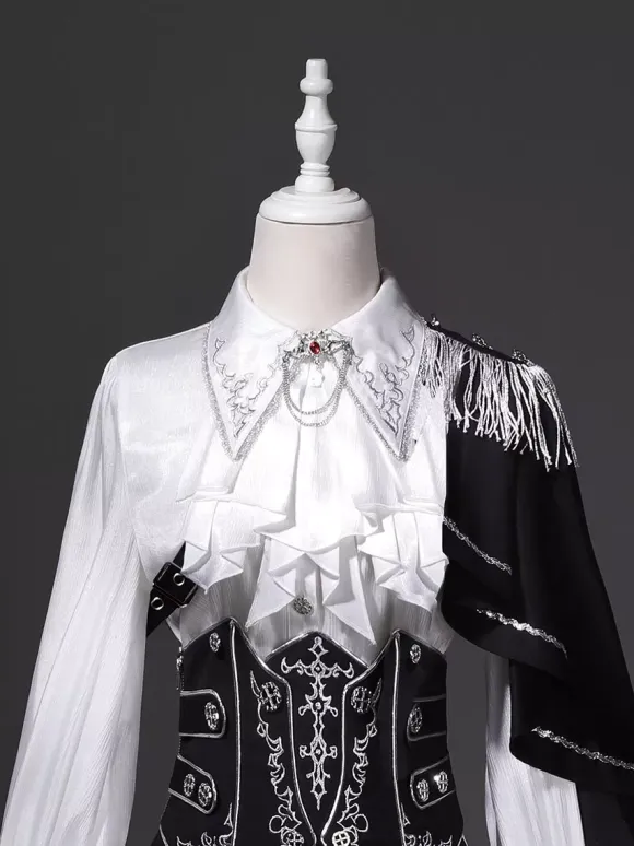 Ouji Lolita Gothic Long Sleeves Cloak White Top Black Cummerbund Pants Outfits