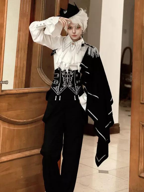 Ouji Lolita Gothic Long Sleeves Cloak White Top Black Cummerbund Pants Outfits