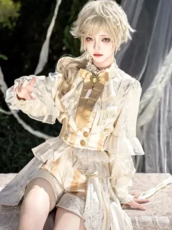 Ouji Prince Lolita White Top Dress Set Ruffles Lace Long Sleeves Lolita Set