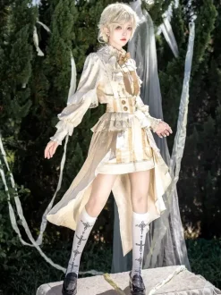 Ouji Prince Lolita White Top Dress Set Ruffles Lace Long Sleeves Lolita Set