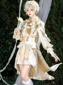 Ouji Prince Lolita White Top Dress Set Ruffles Lace Long Sleeves Lolita Set