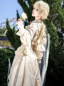 Ouji Prince Lolita White Top Dress Set Ruffles Lace Long Sleeves Lolita Set