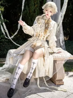 Ouji Prince Lolita White Top Dress Set Ruffles Lace Long Sleeves Lolita Set