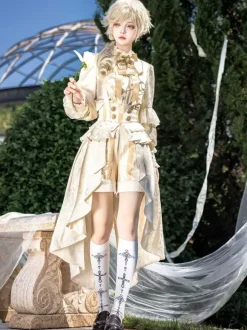 Ouji Prince Lolita White Top Dress Set Ruffles Lace Long Sleeves Lolita Set
