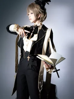 Ouji Lolita Dresses Gothic Black Classic Ruffles Cross Long Sleeves Shirt Overcoat Pants Sets