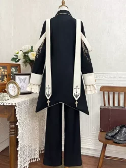 Ouji Lolita Dresses Gothic Black Classic Ruffles Cross Long Sleeves Shirt Overcoat Pants Sets